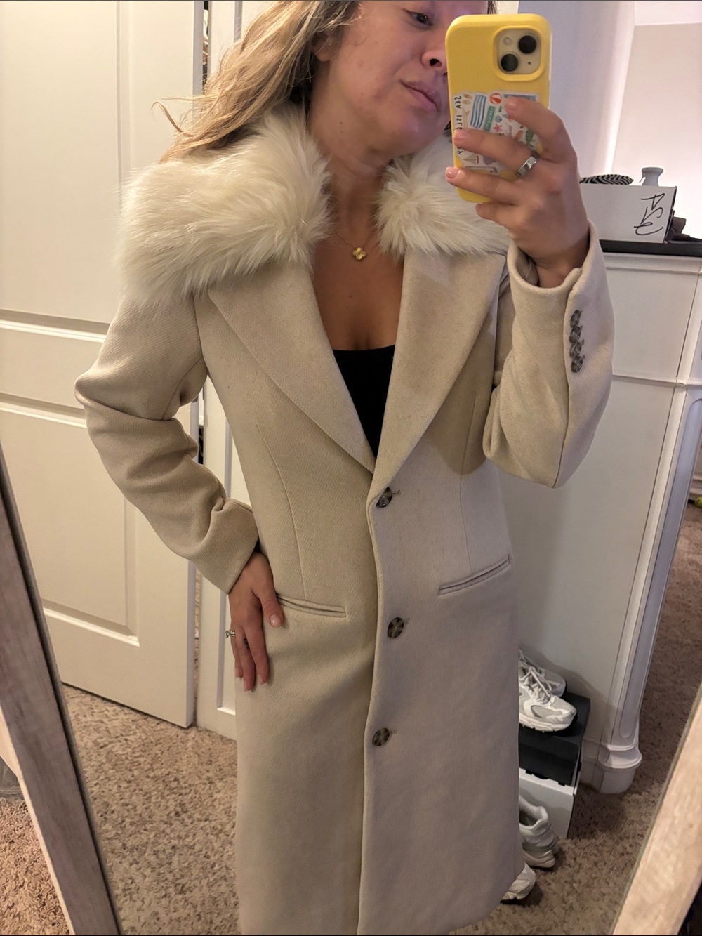 Abercrombie & Fitch Wool Blend Tan Long Length Coat w Removable Faux Fur Collar - Picture 11 of 16